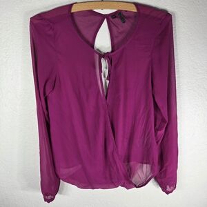 Guess Magenta Sheer Mesh Size XS  Wrap Long Sleeves Top Blouse Open Back